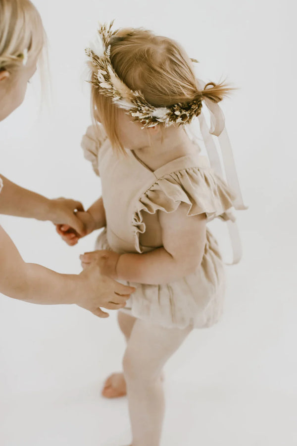 Linen Flutter Sleeve Bloomer Romper - petal